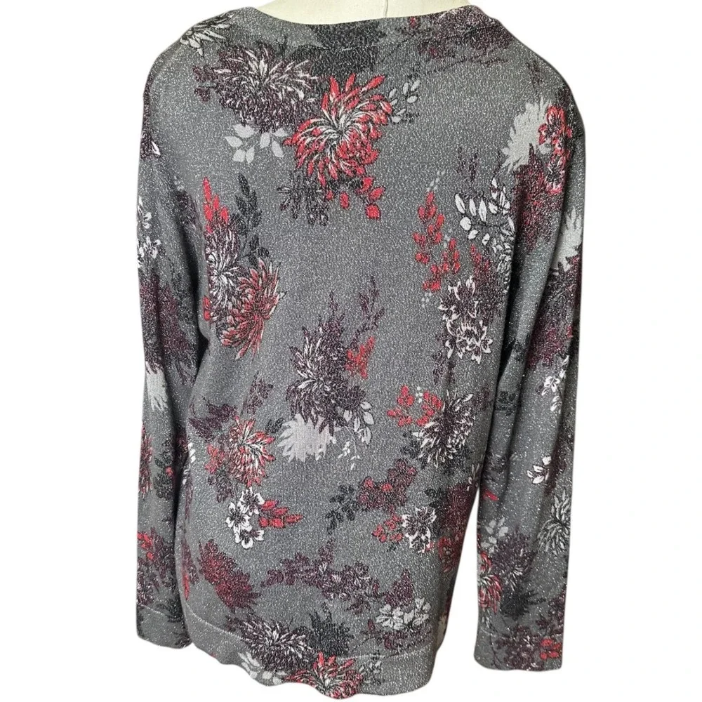 Charter Club Cardigan Women XL Grey Floral Metallic Shimmer Button Front Sweater